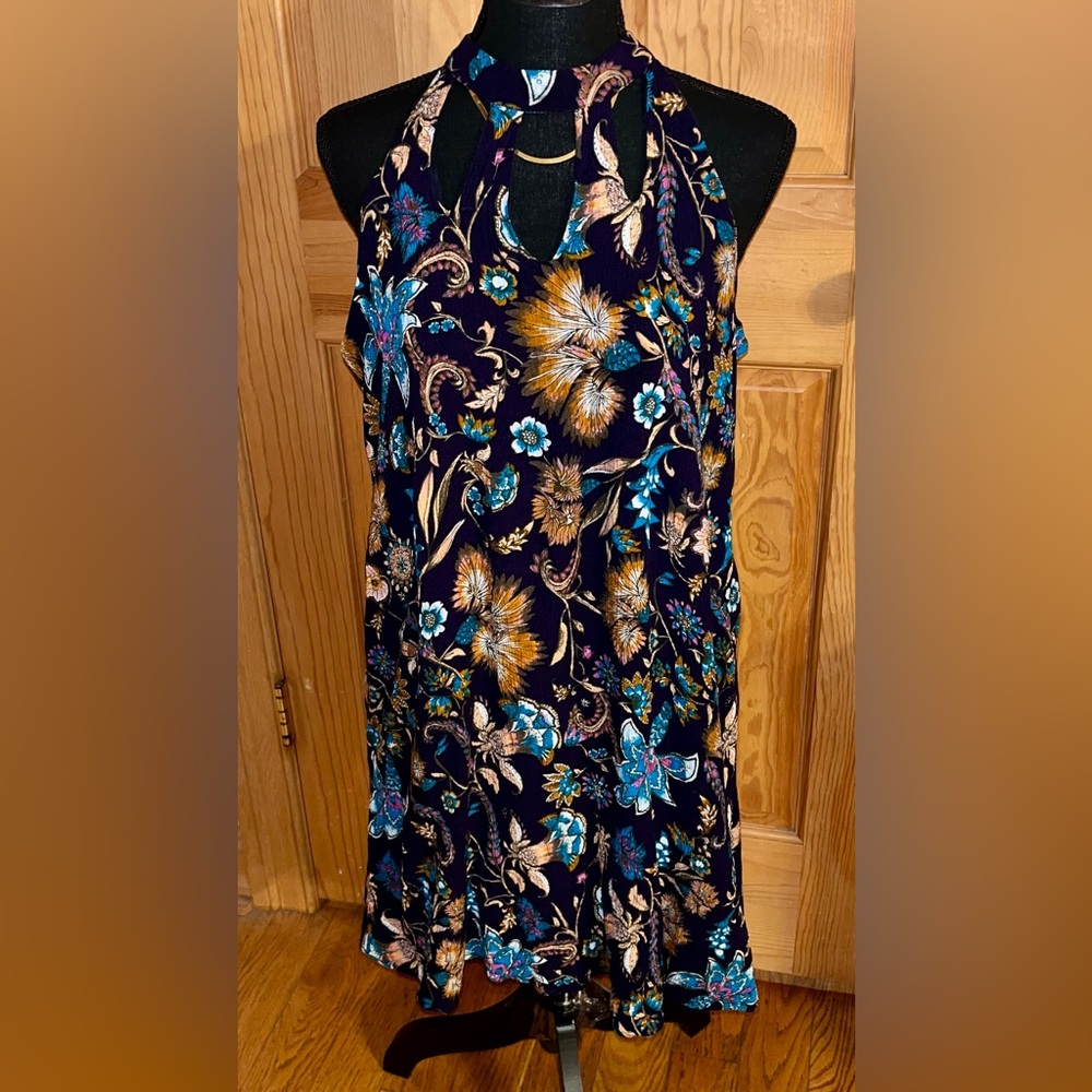 Xhilaration Paisley Floral High Neck Cutout Swing Mini Dress XL Purple Boho Chic